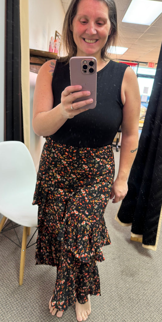 Black Floral Patchwork Asymmetric Ruffle Skirt Solid Tank Bodice Cocktail Dress