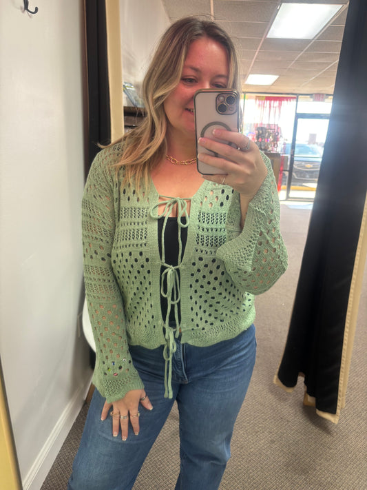 Smoke Green Tie Front Hollow-out Crochet Flare Sleeve Knitted Cover Up