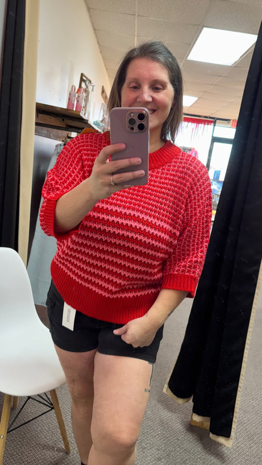 Red Stripe 3/4 Draped Sleeve Slouchy Sweater