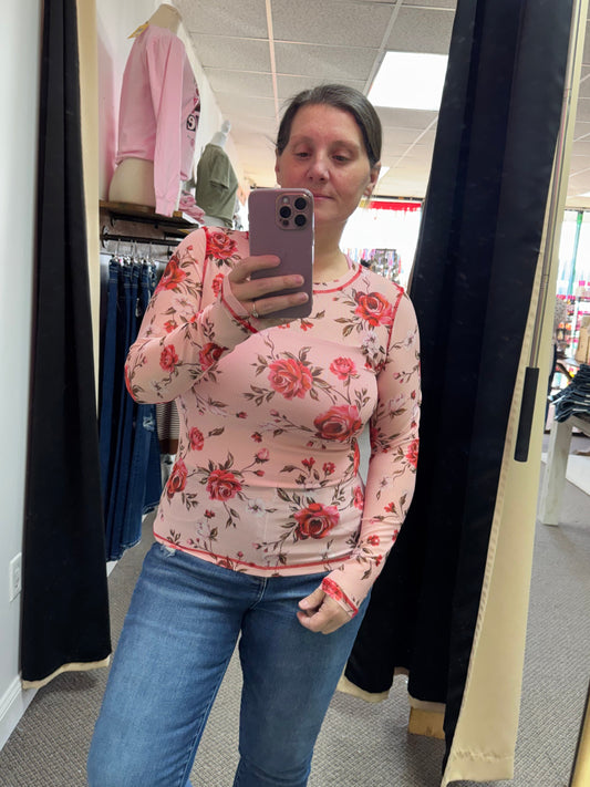 Pink Floral Print Exposed Seam Detail Mesh Long Sleeve Top