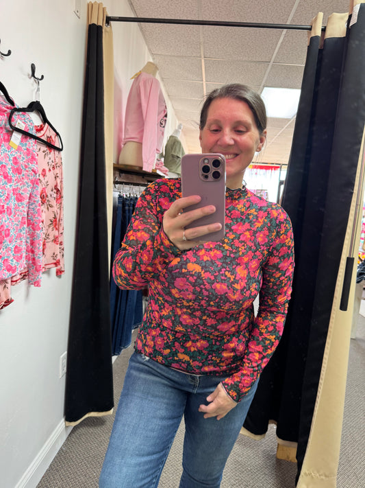 Rose Slim Fit Floral Mesh Long Sleeve Mock Neck Top