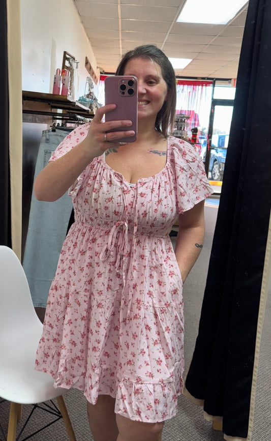 Pink Front Tie Shirred Waist Short Sleeve Ruffled Floral Mini Dress