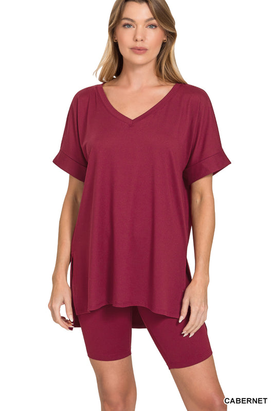 Brushed dty microfiber v-neck top & biker shorts